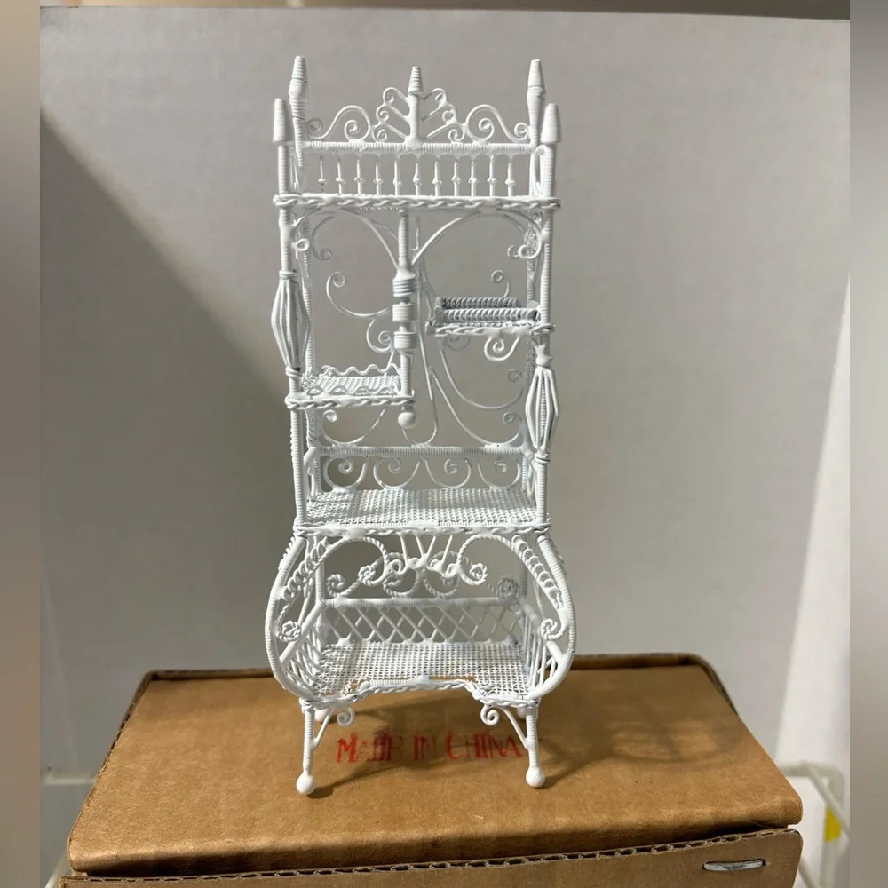 miniature‎ white metal Victorian-style wicker etagere display shelf Wrought Iron